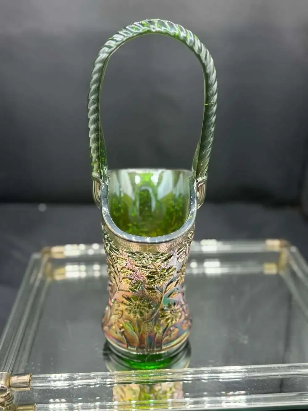 Imperial Helios Green Carnival Glass Daisy Basket